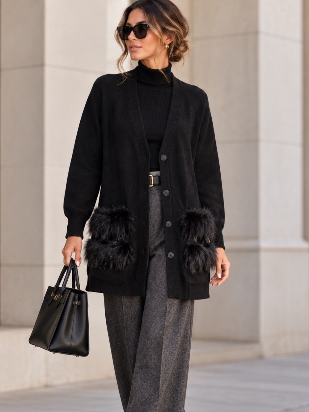 VANISÉ Italian Luxury 50% Cashmere Wool Fur Trim Cardigan Black